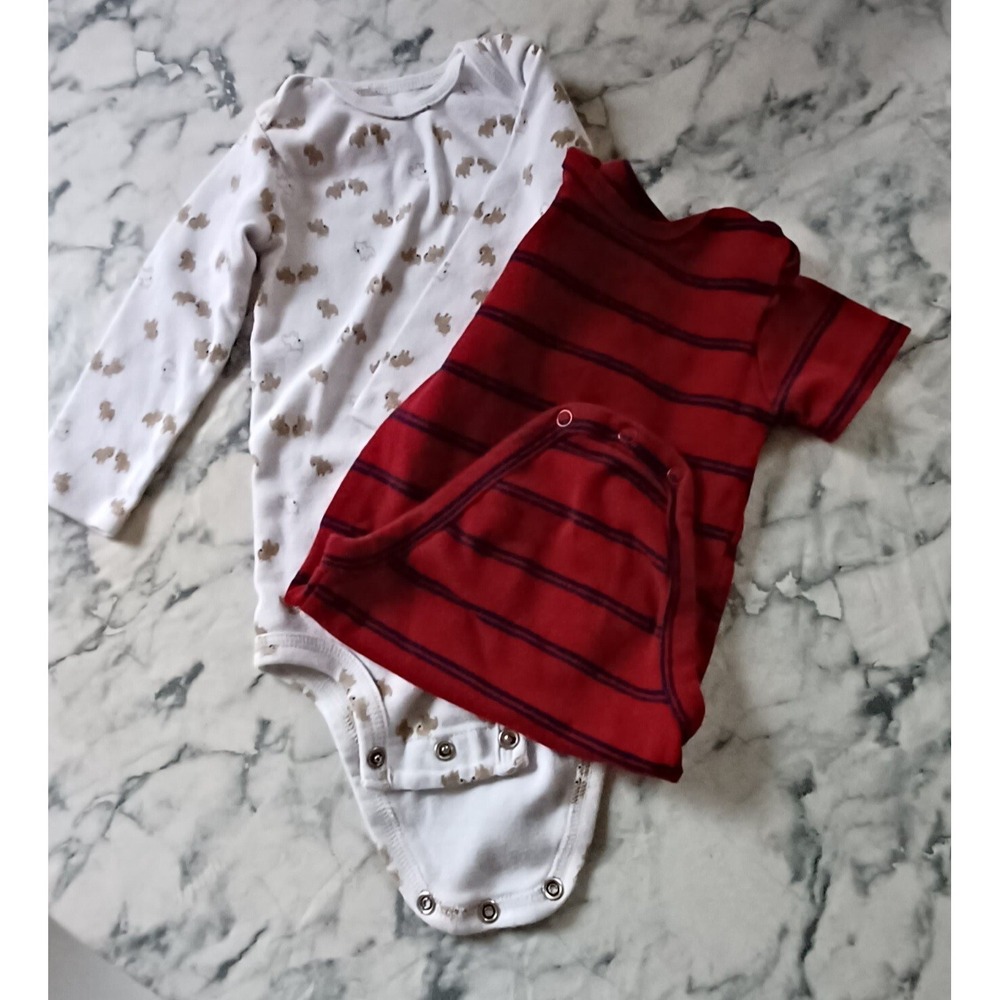 Lot of 2 Carter's Simple Joy Romper Size 12M  Red/Blue Stripes White w/Bear Cubs
